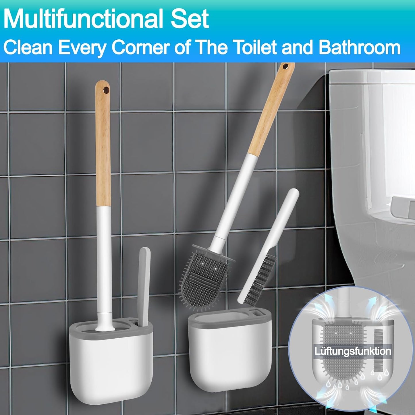Cetthoofazay Silikon Klobürste mit flachem und biegsamem Kopf,WC Bürste mit Wandmontage ohne Bohren,Toilettenbürste mit multifunktionaler Fugenbürste,Basis mit Belüftungsnuten,2er Set(Holzfarbe)