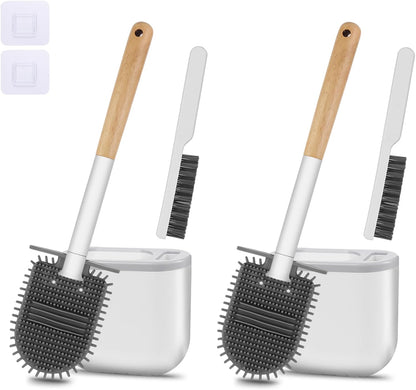Cetthoofazay Silikon Klobürste mit flachem und biegsamem Kopf,WC Bürste mit Wandmontage ohne Bohren,Toilettenbürste mit multifunktionaler Fugenbürste,Basis mit Belüftungsnuten,2er Set(Holzfarbe)