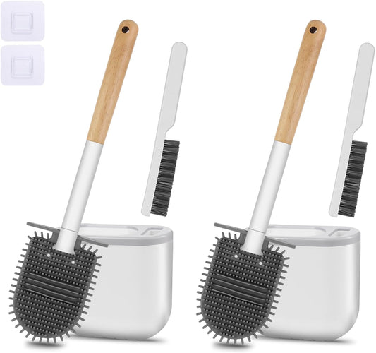 Cetthoofazay Silikon Klobürste mit flachem und biegsamem Kopf,WC Bürste mit Wandmontage ohne Bohren,Toilettenbürste mit multifunktionaler Fugenbürste,Basis mit Belüftungsnuten,2er Set(Holzfarbe)