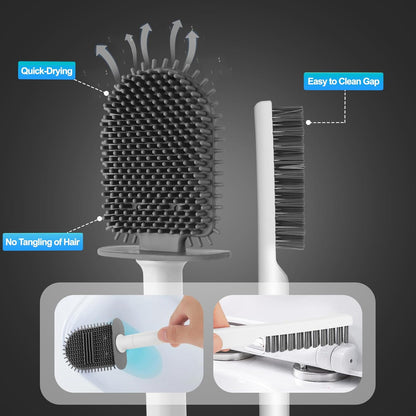 Cetthoofazay Silikon Klobürste mit flachem und biegsamem Kopf,WC Bürste mit Wandmontage ohne Bohren,Toilettenbürste mit multifunktionaler Fugenbürste,Basis mit Belüftungsnuten,2er Set(Holzfarbe)