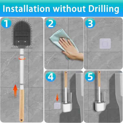 Cetthoofazay Silikon Klobürste mit flachem und biegsamem Kopf,WC Bürste mit Wandmontage ohne Bohren,Toilettenbürste mit multifunktionaler Fugenbürste,Basis mit Belüftungsnuten,2er Set(Holzfarbe)