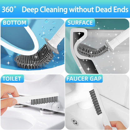 Cetthoofazay Silikon Klobürste mit flachem und biegsamem Kopf,WC Bürste mit Wandmontage ohne Bohren,Toilettenbürste mit multifunktionaler Fugenbürste,Basis mit Belüftungsnuten,2er Set(Holzfarbe)