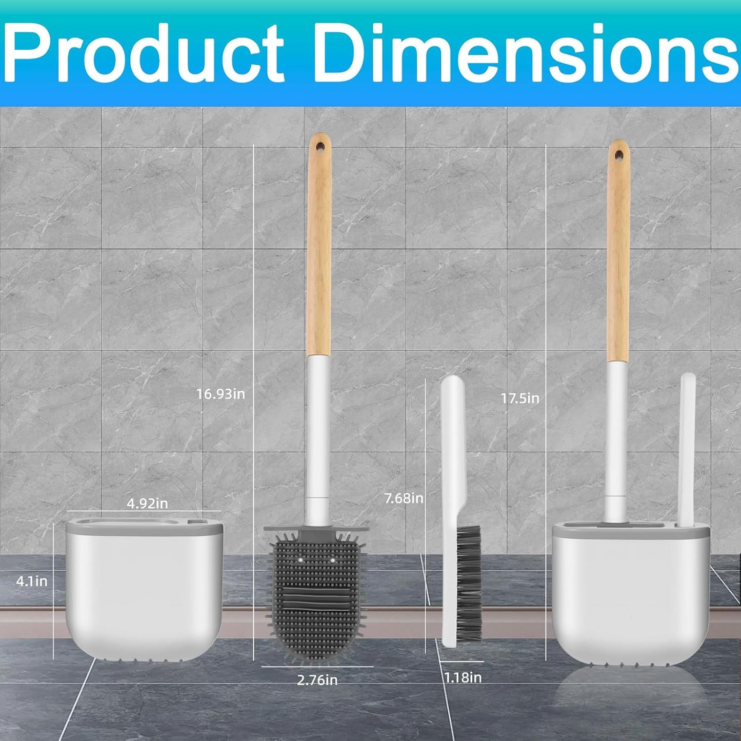 Cetthoofazay Silikon Klobürste mit flachem und biegsamem Kopf,WC Bürste mit Wandmontage ohne Bohren,Toilettenbürste mit multifunktionaler Fugenbürste,Basis mit Belüftungsnuten,2er Set(Holzfarbe)