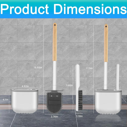 Cetthoofazay Silikon Klobürste mit flachem und biegsamem Kopf,WC Bürste mit Wandmontage ohne Bohren,Toilettenbürste mit multifunktionaler Fugenbürste,Basis mit Belüftungsnuten,2er Set(Holzfarbe)