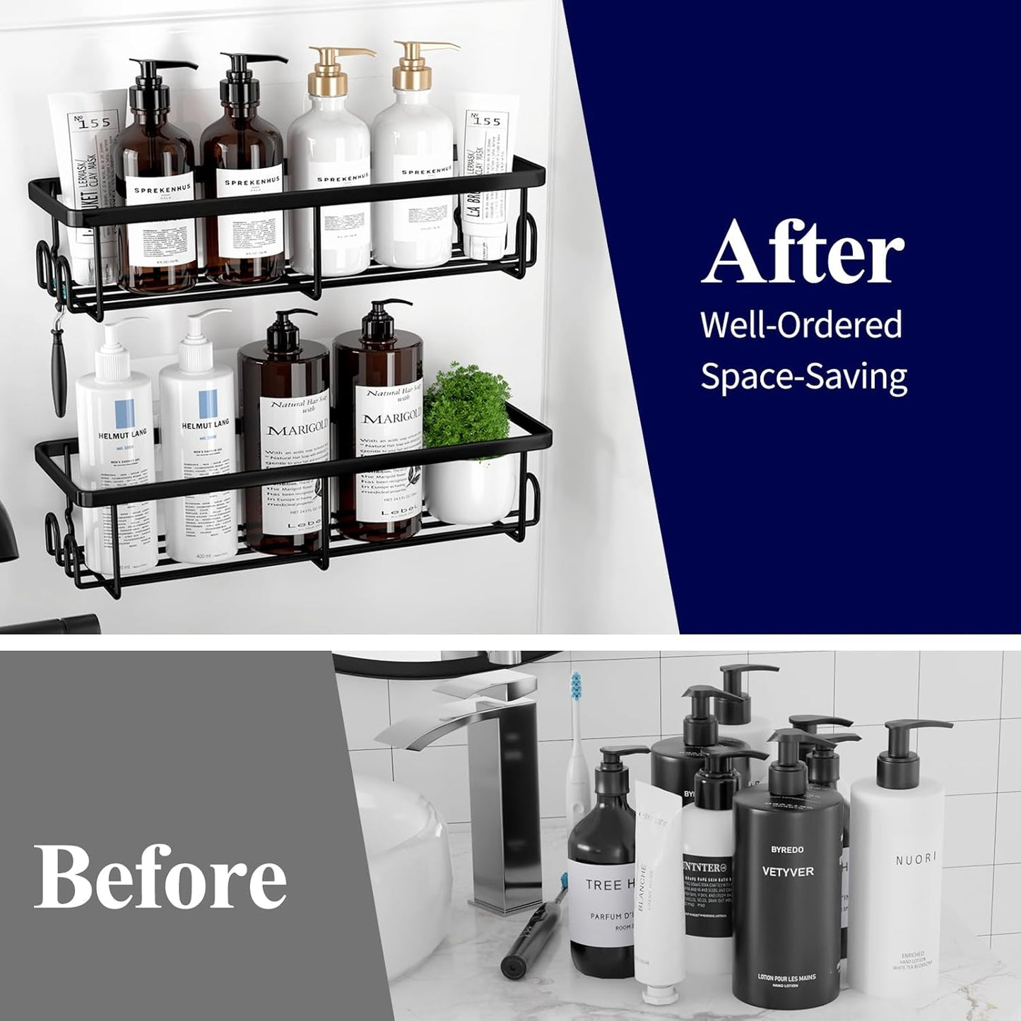 Kitsure Duschablage ohne Bohren - 2 Stück rostfreie Badezimmer Organizer, schnell trocknende Badregal, mit großer Kapazität, langlebige Shampoo Halterung für Dusche aus Edelstahl, Large, Schwarz