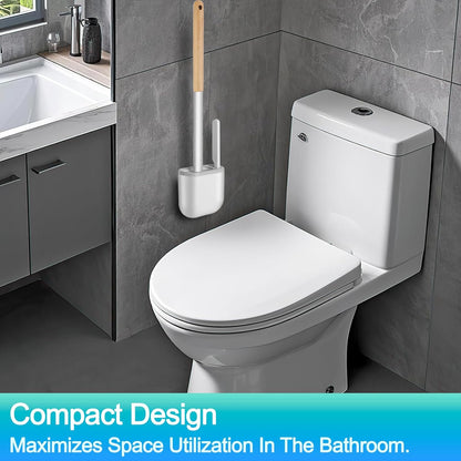 Cetthoofazay Silikon Klobürste mit flachem und biegsamem Kopf,WC Bürste mit Wandmontage ohne Bohren,Toilettenbürste mit multifunktionaler Fugenbürste,Basis mit Belüftungsnuten,2er Set(Holzfarbe)